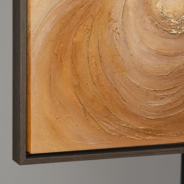Abstraktes Acrylbild in Gold Braun – strukturierte Wandkunst mit Rahmen „Wirbelwind der Wärme“