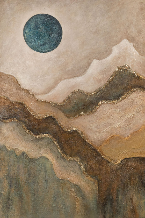 Cuadro pintado a mano sobre lienzo «Sol verde esmeralda» – Arte abstracto con textura