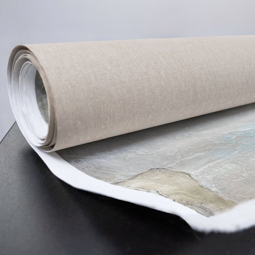 gerollte Leinwand mit abstrakter Acrylmalerei in Weiß, Blau, Gold