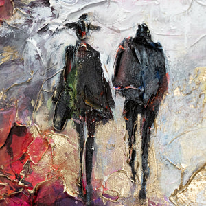 Detailansicht: Schwarze Figuren vor leuchtend buntem Hintergrund