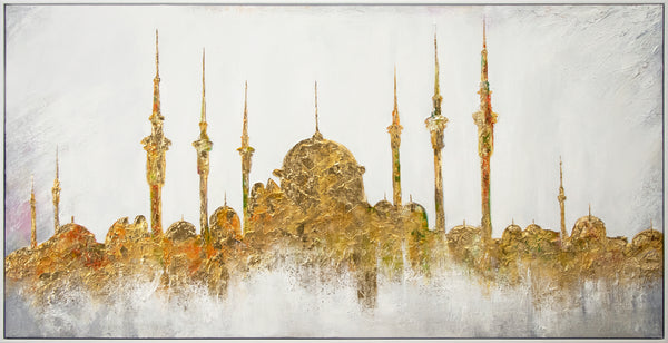 Pintura acrílica hecha a mano con acentos dorados – “Arquitectura Oriental”