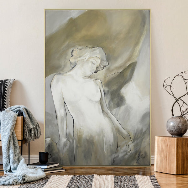 Modernes Gemälde Frau in hellem Wohnambiente