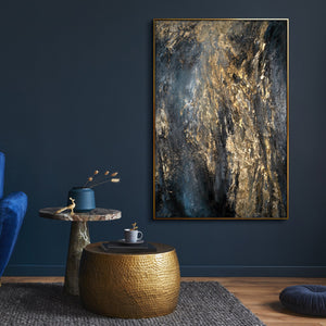 Großes abstraktes Wandbild in Blau-Gold im modernen Wohnraum