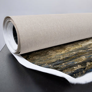 Handgemaltes Leinwandbild mit vertikaler Komposition in Gold und Blau