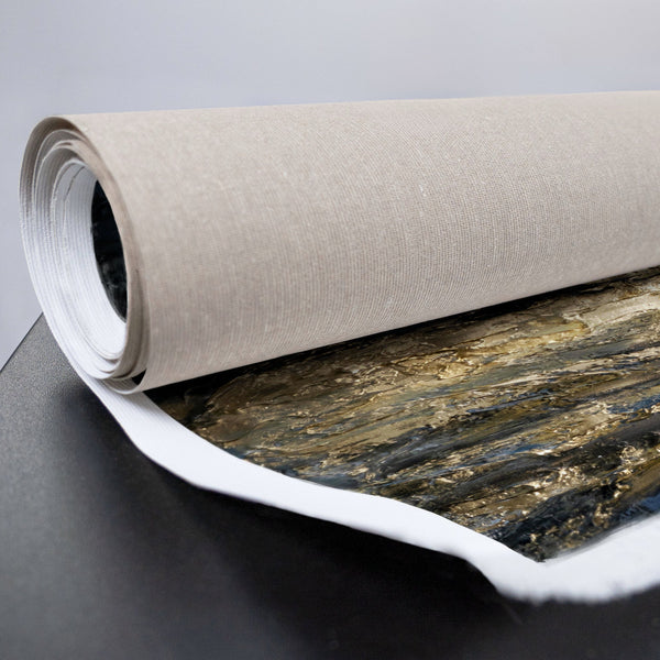 Handgemaltes Leinwandbild mit vertikaler Komposition in Gold und Blau