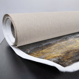  Vertikales abstraktes Gemälde in Grau Gold auf Leinwand