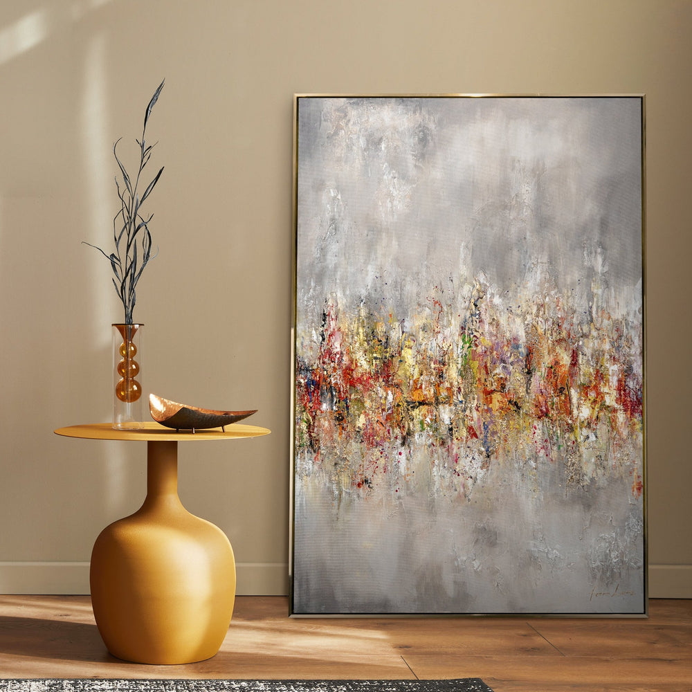 Großes Acrylbild in modernem Interieur mit Holztisch