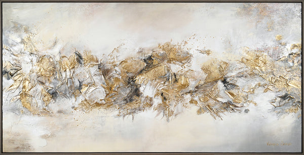 Pintura abstracta acrílica hecha a mano con acentos dorados sobre lienzo