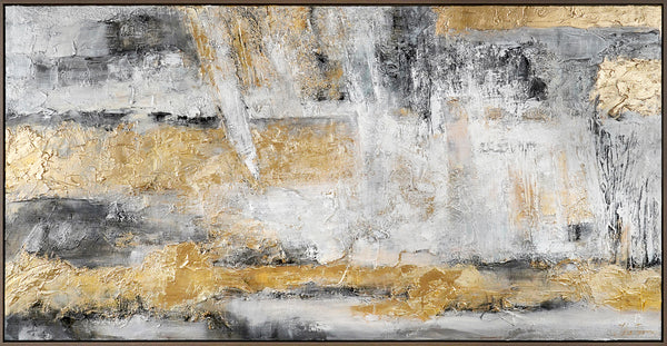 Pintura acrílica abstracta con acentos dorados sobre lienzo