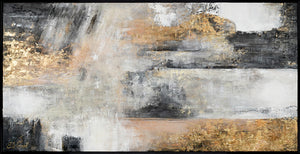 Pintura acrílica abstracta con acentos dorados sobre lienzo