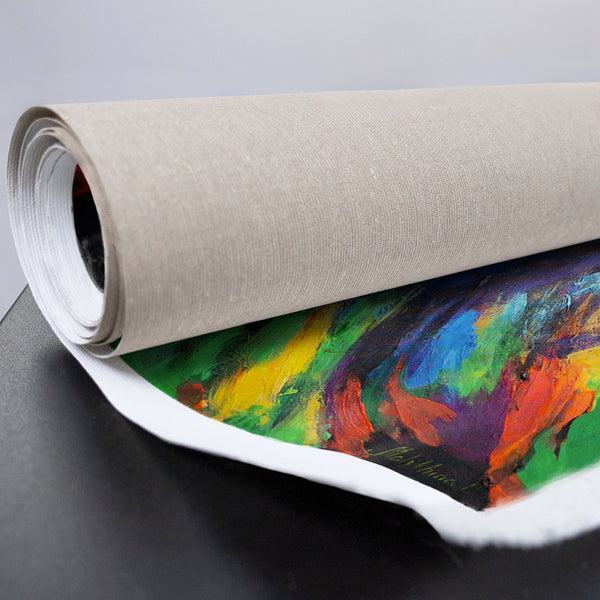 Farbenfroher Löwe als Kunstdruck auf gerollter Leinwand