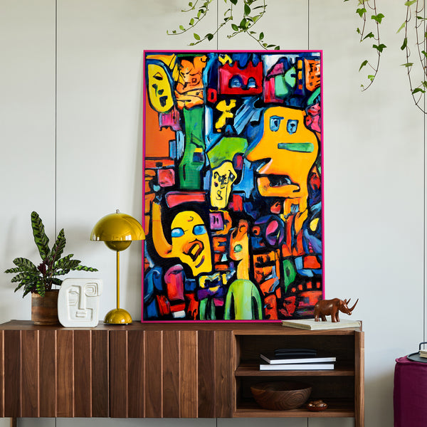 Pop Art Gemälde mit Figuren im farbenfrohen Interieur