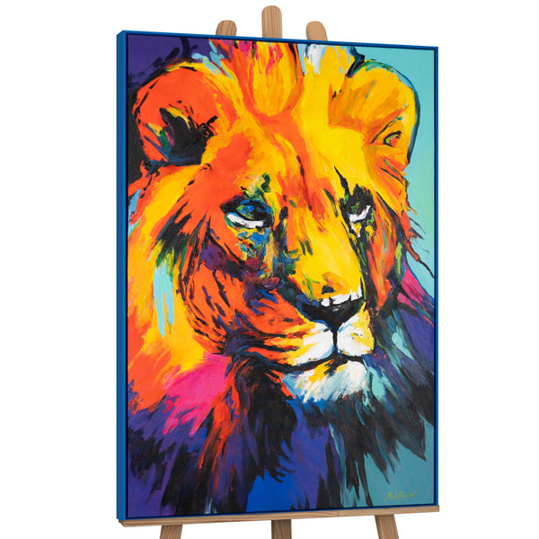 El colorido esplendor del Rey León Grace: retrato moderno de león en acrílico con marco.