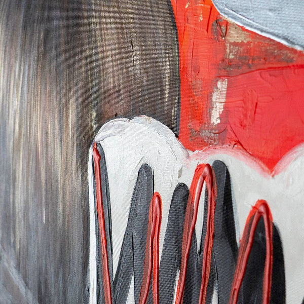 Detail der Figur mit abgewandtem Gesicht auf abstraktem Gemälde