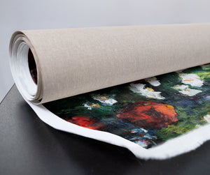 Handgemaltes Leinwandbild „Blühende Weiten“ mit abstrakten Blumen in Rot, Weiß und Violett