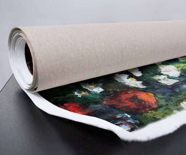 Handgemaltes Leinwandbild „Blühende Weiten“ mit abstrakten Blumen in Rot, Weiß und Violett