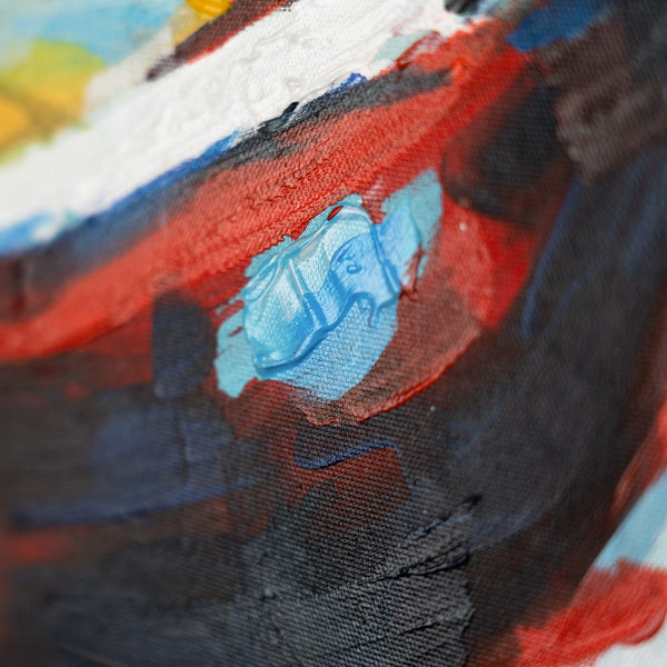 Detailansicht des Bootes mit kräftigen Rot- und Blautönen