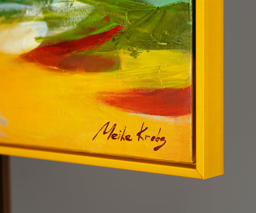 Handgemaltes Landschaftsbild "Gezeiten der Inspiration" – Abstraktes Motiv mit Boot und Häusern