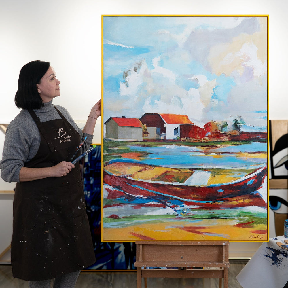 Handgemaltes Landschaftsbild "Gezeiten der Inspiration" – Abstraktes Motiv mit Boot und Häusern