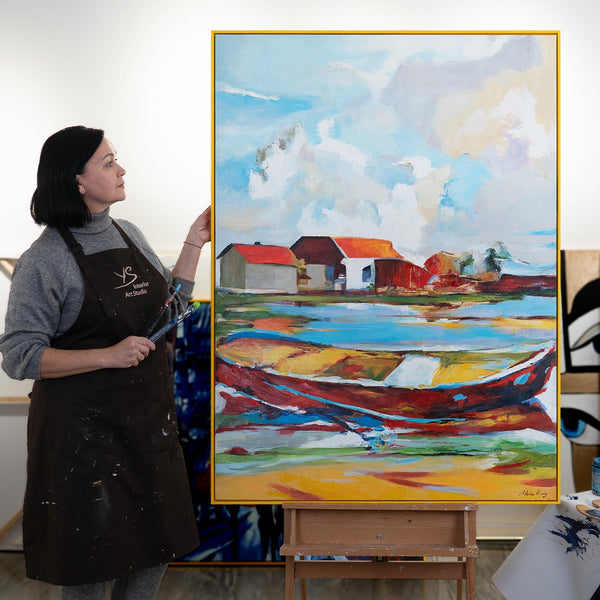 Handgemaltes Landschaftsbild "Gezeiten der Inspiration" – Abstraktes Motiv mit Boot und Häusern