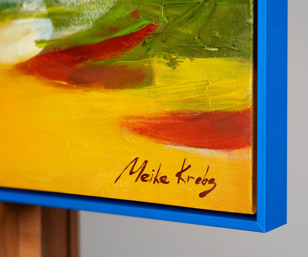 Handgemaltes Landschaftsbild "Gezeiten der Inspiration" – Abstraktes Motiv mit Boot und Häusern