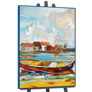 Handgemaltes Landschaftsbild "Gezeiten der Inspiration" – Abstraktes Motiv mit Boot und Häusern
