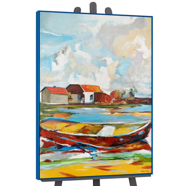 Handgemaltes Landschaftsbild "Gezeiten der Inspiration" – Abstraktes Motiv mit Boot und Häusern