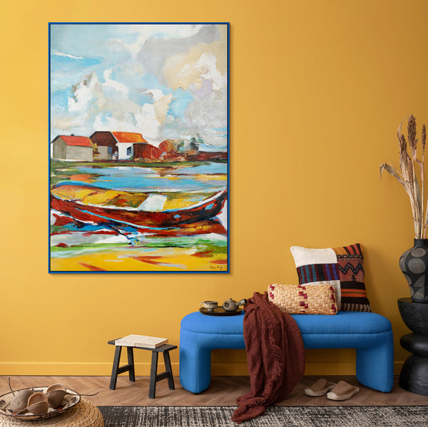 Handgemaltes Landschaftsbild "Gezeiten der Inspiration" – Abstraktes Motiv mit Boot und Häusern