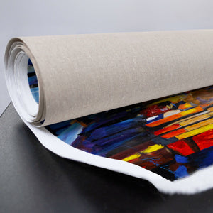 Gesamtdarstellung des Bildes mit Stadtmotiv in Blau und Rot