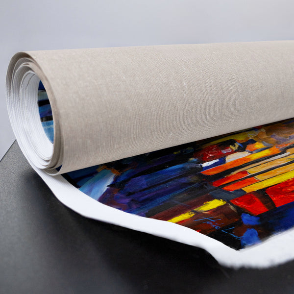 Gesamtdarstellung des Bildes mit Stadtmotiv in Blau und Rot