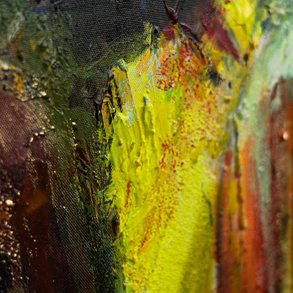 Strukturierte Malerei in Gelb und Grün auf Leinwand