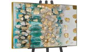 Abstrakte Kunst, Moderne Malerei, Texturierte Kunst, Acrylbild, Wandkunst mit Rahmen, Originalkunstwerk, Künstlerische Wanddekoration, Handgemalte Leinwand, Hochwertige Wohnkultur, Zeitgenössische Wandkunst, Kunst für Wohnzimmer, Einzigartige Kunst, Kunstwerke für Innenräume, Acrylmalerei, Gold und Türkis Kunst