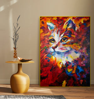 Pintura Acrílica Hecha a Mano "Gato Abstracto" con Marco - Arte Texturizado para Pared