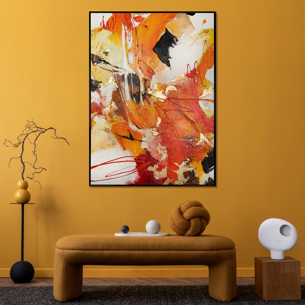 Pintura Abstracta Hecha a Mano con Marco "Explosión Naranja" - Arte de Pared Moderno