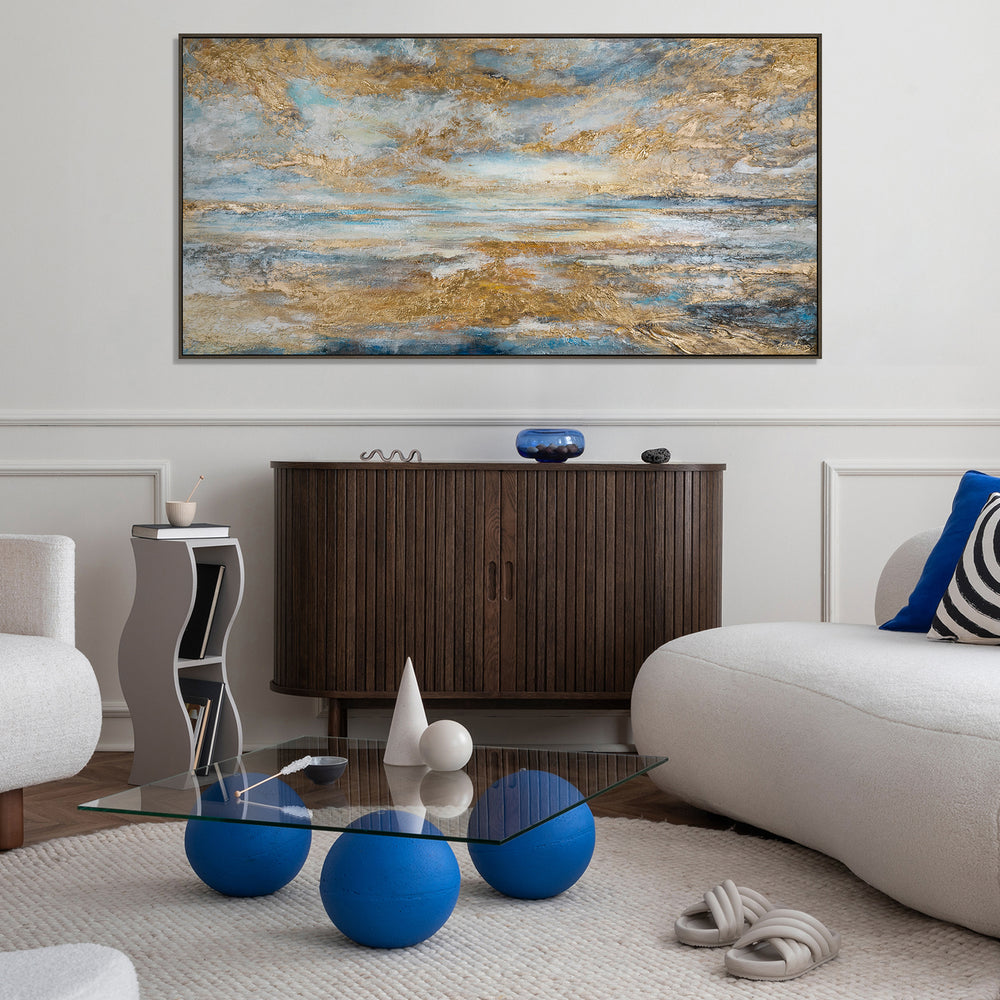 Leinwandbild „Goldene Bucht“ an grauer Wand bilder mit rahmen wohnzimmer