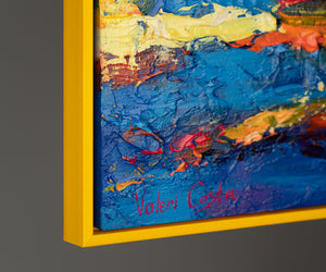 Pintura abstracta marina en colores vibrantes – “Atardecer en el Mar”