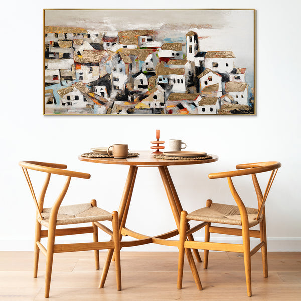 Cuadro acrílico con marco "Casitas al sol" decoración de pared para salón