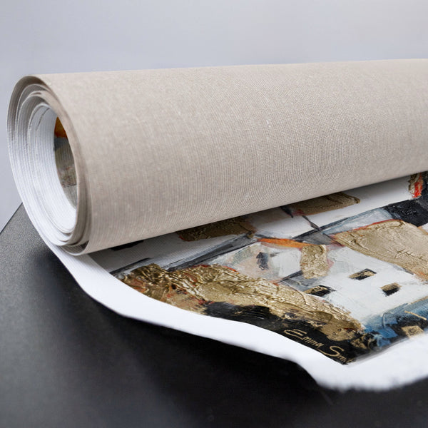 Bunte Häuser auf Leinwand, Detailaufnahme gelbe Wand