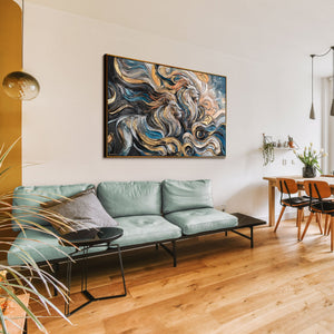 Wohnzimmer mit Acrylbild Löwe – moderne Wandkunst Gold