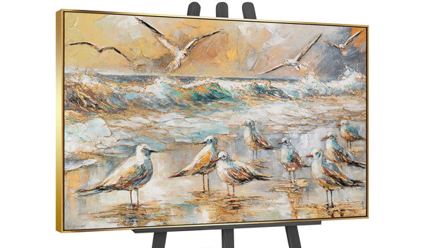Möwenbild mit Goldrahmen – Acrylkunst auf Leinwand gemalt