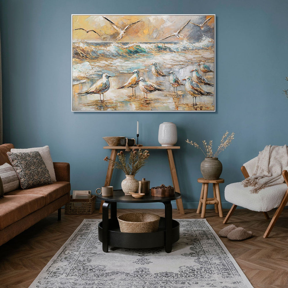 Wohnzimmer mit Möwenbild – moderne maritime Wanddeko