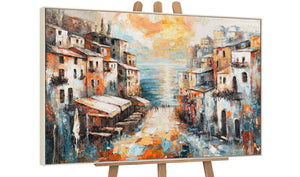 Mediterranes Stadtbild – Leinwandbild mit beigem Rahmen