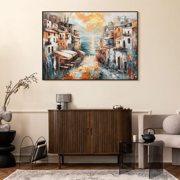 Moderne Wanddeko Stadtbild – Wohnzimmer mit Acrylgemälde