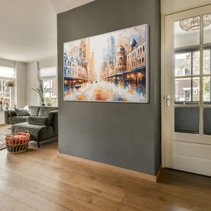 Moderne Wandkunst Stadt – Acrylbild über Esstisch