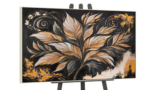 Acrylbild Blätter – Leinwand in Schwarz-Gold mit Beigerahmen