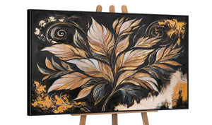 Abstrakte Blätter auf Staffelei – Acrylbild Schwarz-Gold