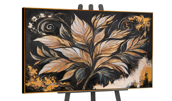 Abstraktes Blattmotiv – Schwarz-Gold Bild mit rahmen