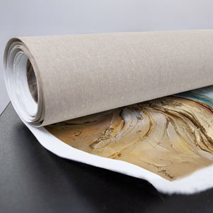 Handgemaltes Leinwandbild mit abstrakten Wellen in Blau und Gold