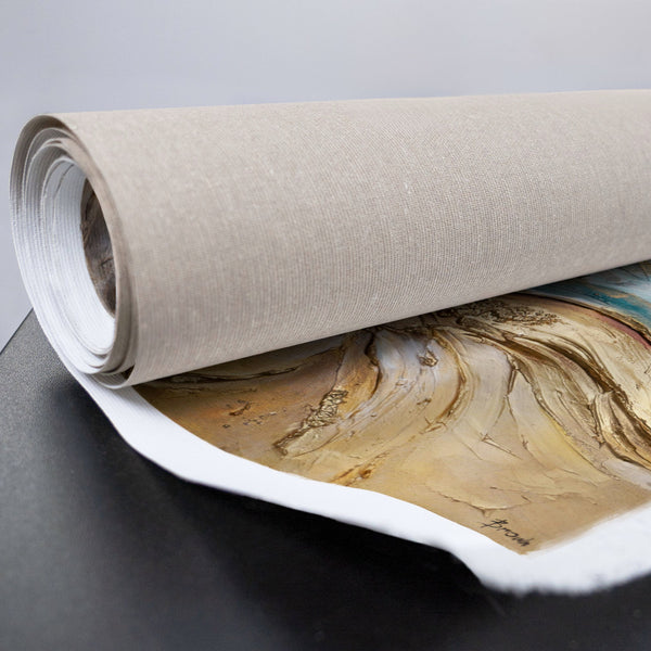 Handgemaltes Leinwandbild mit abstrakten Wellen in Blau und Gold