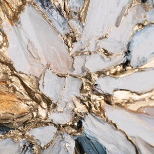 Detail Acrylstruktur – Textur in Gold und Blau auf beiger Leinwand